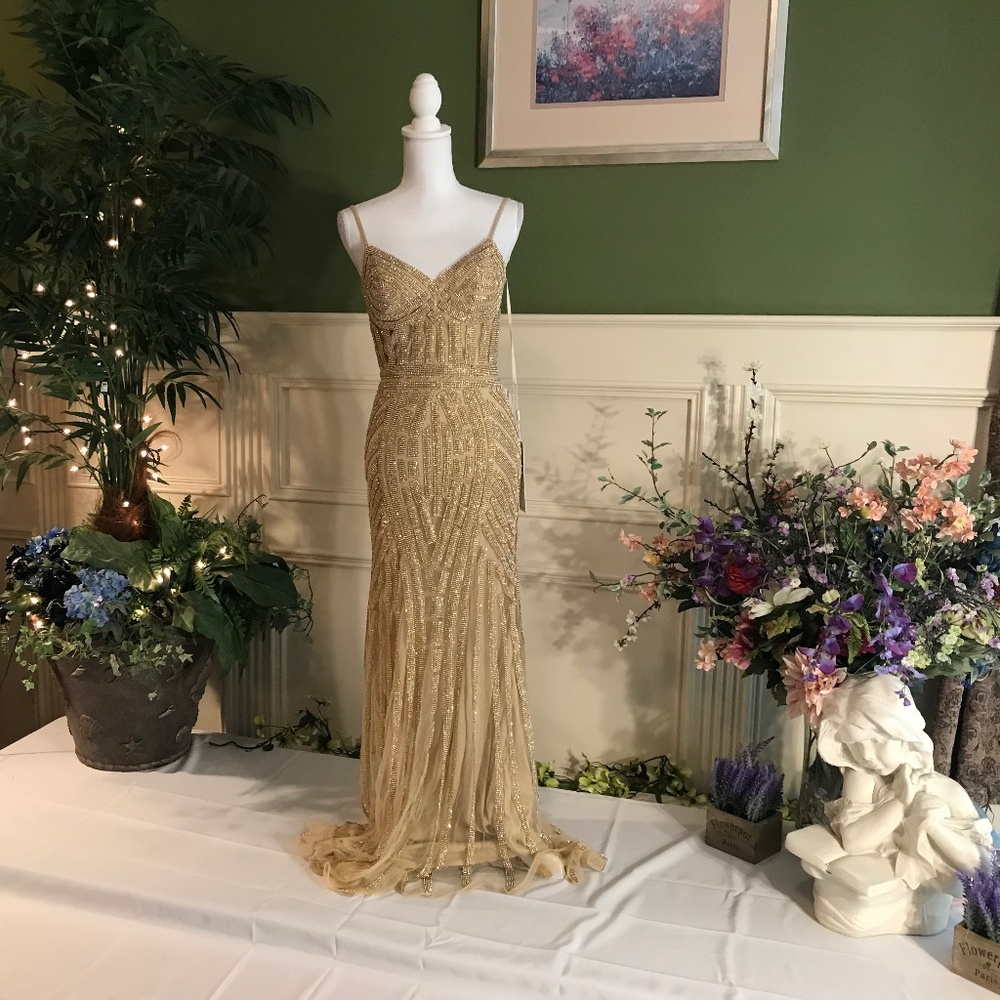 Formal Evening Gold Rhinestone Mermaid style gown dress